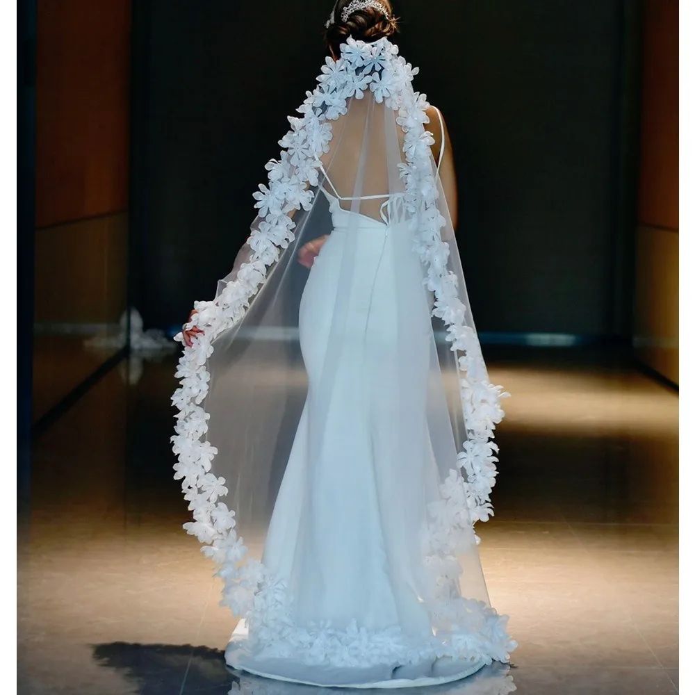 

1.5M White Soft 3D Floral Wedding Veil with Beaded No Comb Bridal Veil for the Bride Wedding Dresses Wedding Props 웨딩베일