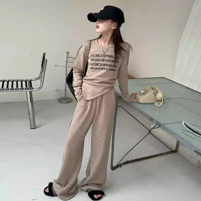 2026 Autumn Kids Girls Clothes Suit Child Irregular Letters T-Shirt Top and Bottom Wide Leg Pant Tracksuit 7 8 9 10 11 12 Year