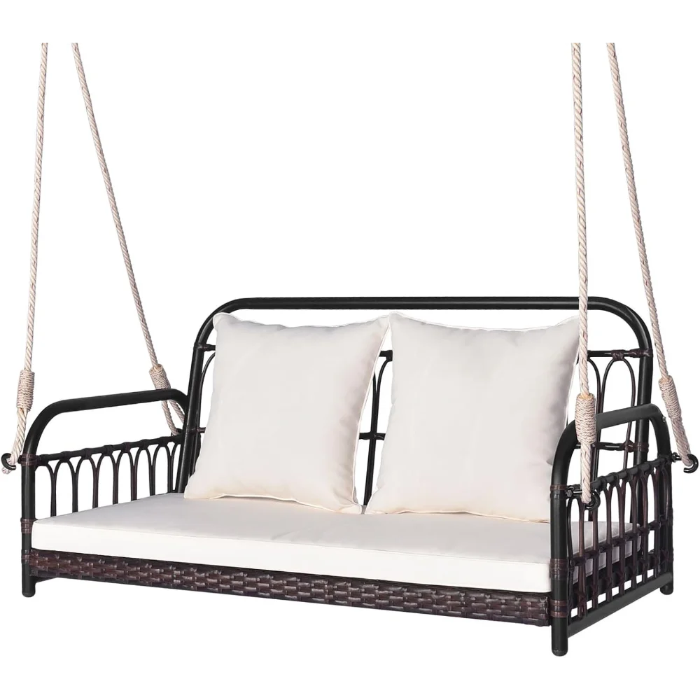 

2-Person Porch Swing Outdoor, Patio Wicker Hanging Swing Bench with Cushions, Metal Frame, Ropes, 880 LBS Capacity