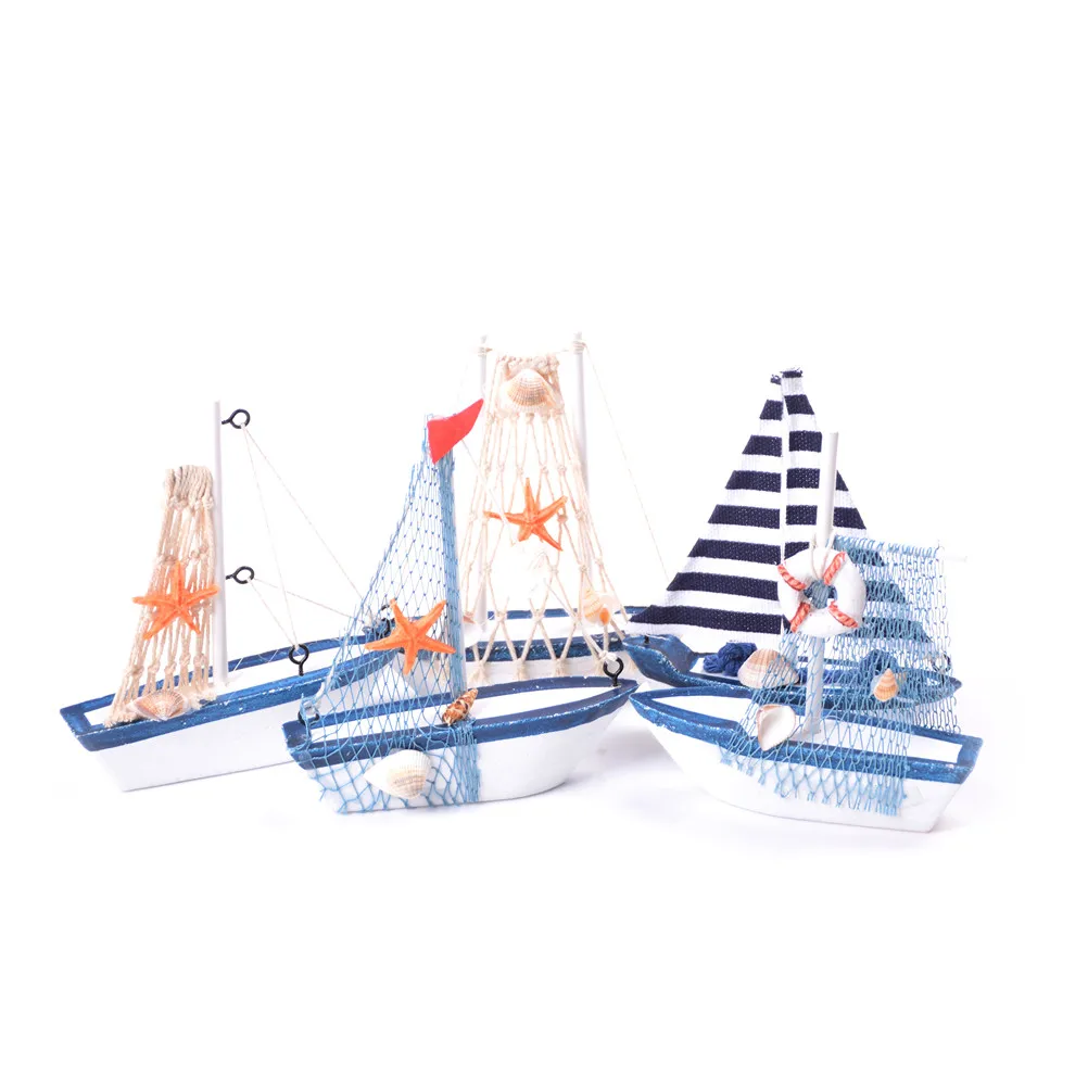 Vintage Mediterranean Style Marine Nautical Wooden Blue Sailing Boat Ship Wood Crafts Ornaments Party Home Room Decoration