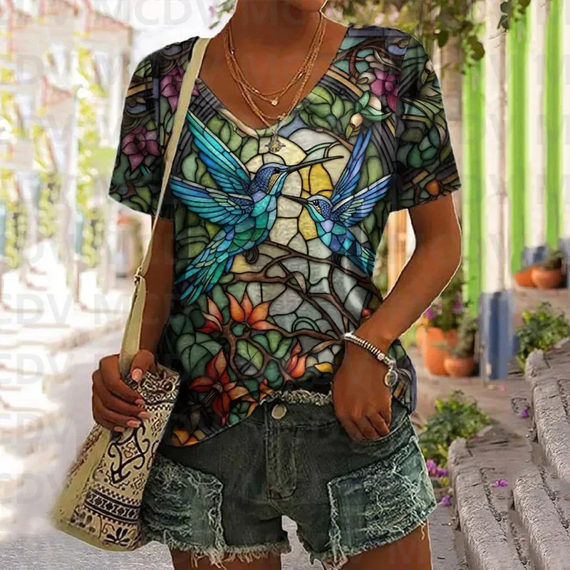 Hummingbird Watercolor Printed Casual V-neck T-shirt 3D All Over Printed T Shirts Sexy