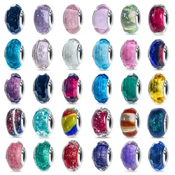 Real Silver S925 Colored Shiny Murano Glass Beads Round Charms Fit Original Bracelet DIY Fine Jewelry Gifts for Women