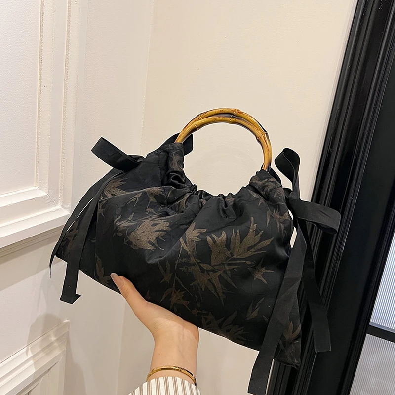 Nylon Chinese Style Bamboo Pattern Solid Bamboo Handle Fashion Handbag Casual Tote 2024 Hot Sale Bags for Women Bolsas Femininas