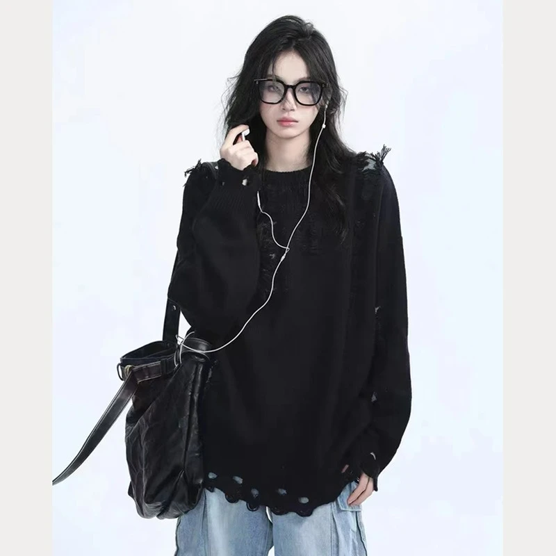 

2026 Autumn Winter Dark High Street Loose Sweaters Holes Knitwear New Stylish Laid-back Pullover Woolen Sweaters for Men Women