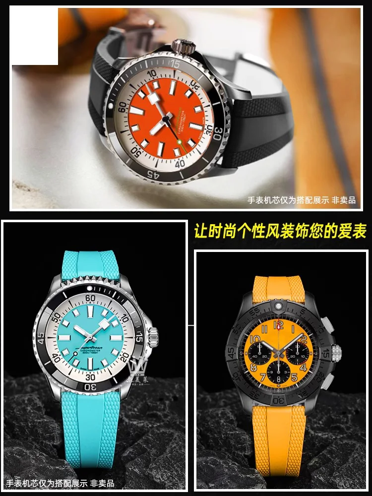 Gelang Jam Karet 22Mm Cocok untuk Breitling Superocean Avenger Heritage Kuning Hitam Oranye Alat Tali Lembut Silikon Gesper Lipat