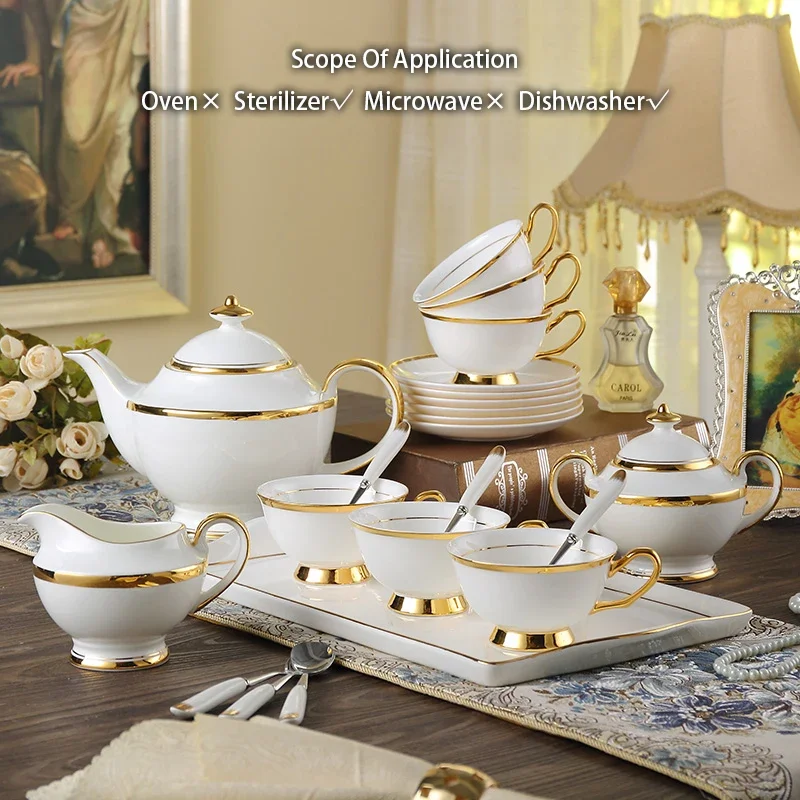 Gold Inlay Bone China Tea Set Europe Ceramic Coffee Set Porcelain Tea Cup Pot Teapot Teacup Sugar Bowl Milk Jug Ceremony Teaware