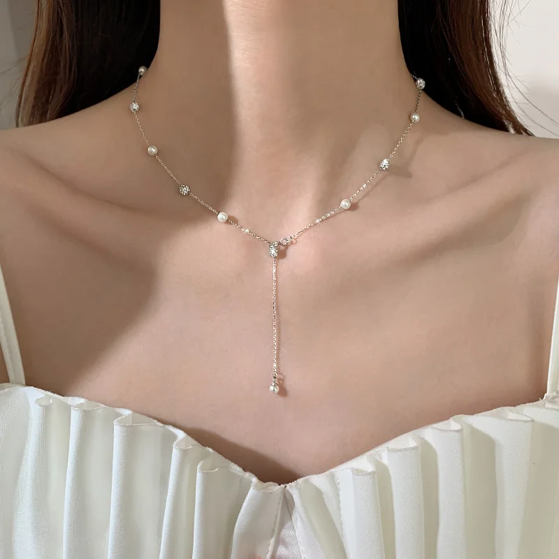 925 スターリングシルバーパールネックチェーンライト高級秋冬ネックレス新しい人気の鎖骨チェーン女性