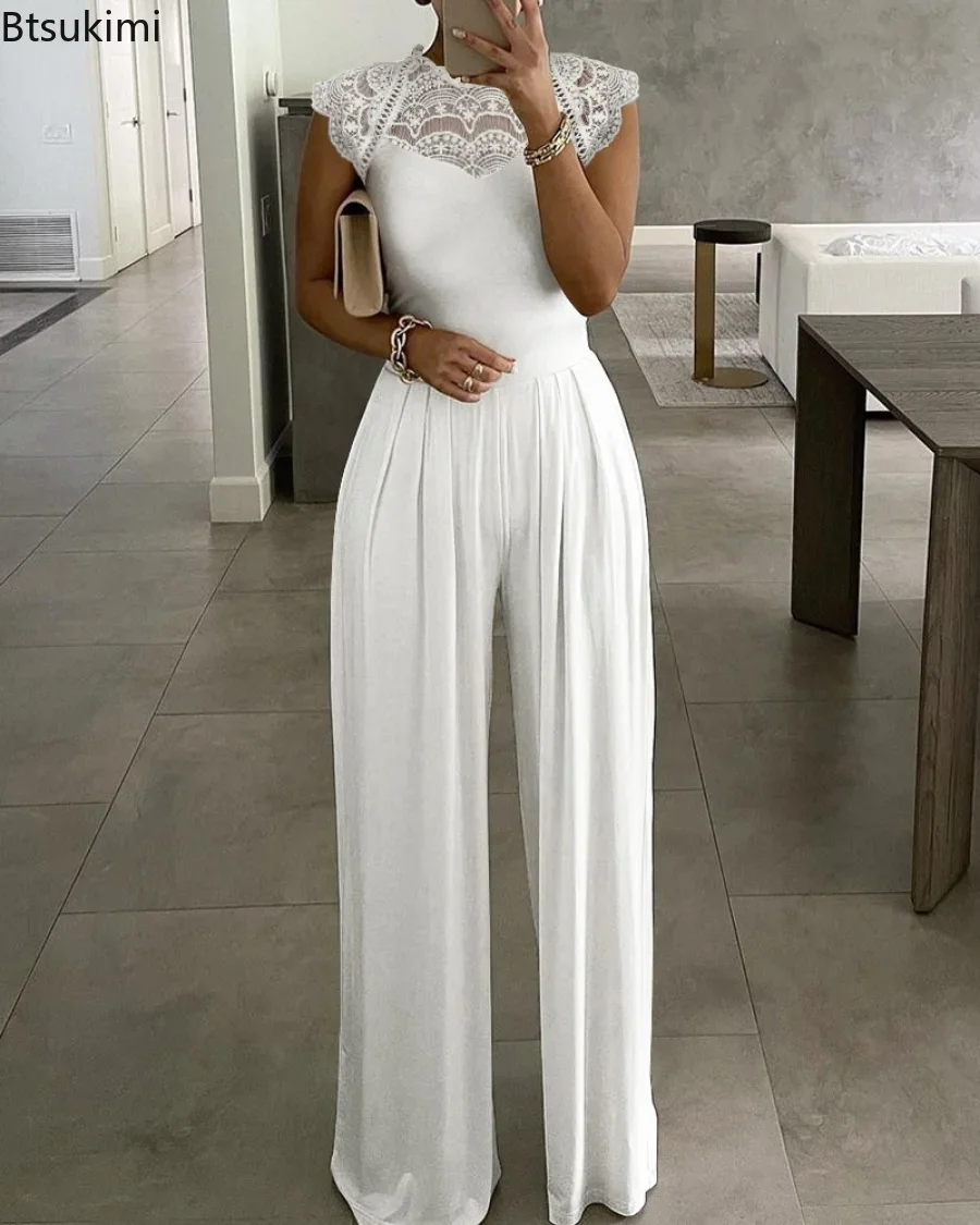 New 2024 Women\'s Summer Casual Jumpsuit Solid Sexy Hollow Out  Elegant Jumpsuits for Girls Wide Leg Sleeveless Rompers Outfits