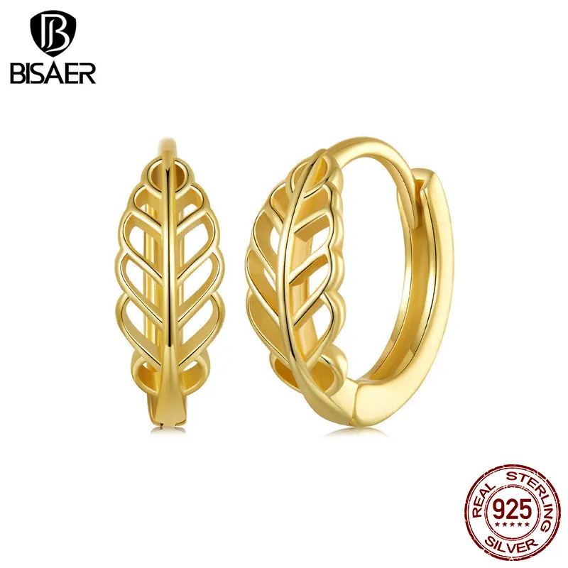 BISAER 925 Sterling Silver Autumn Leaf Hoop Earrings Hypoallergenic18K Gold-Plated Ear Buckles for Women Original Fine Jewelry