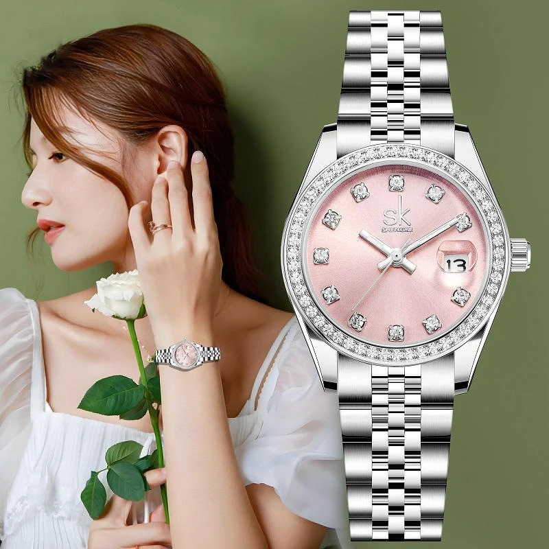 UTHAI CQ484 ساعة نسائية عصرية، شريط فولاذي فاخر خفيف، ساعة كوارتز مرصعة بالألماس مقاومة للماء، هدية رائعة على مدار الساعة