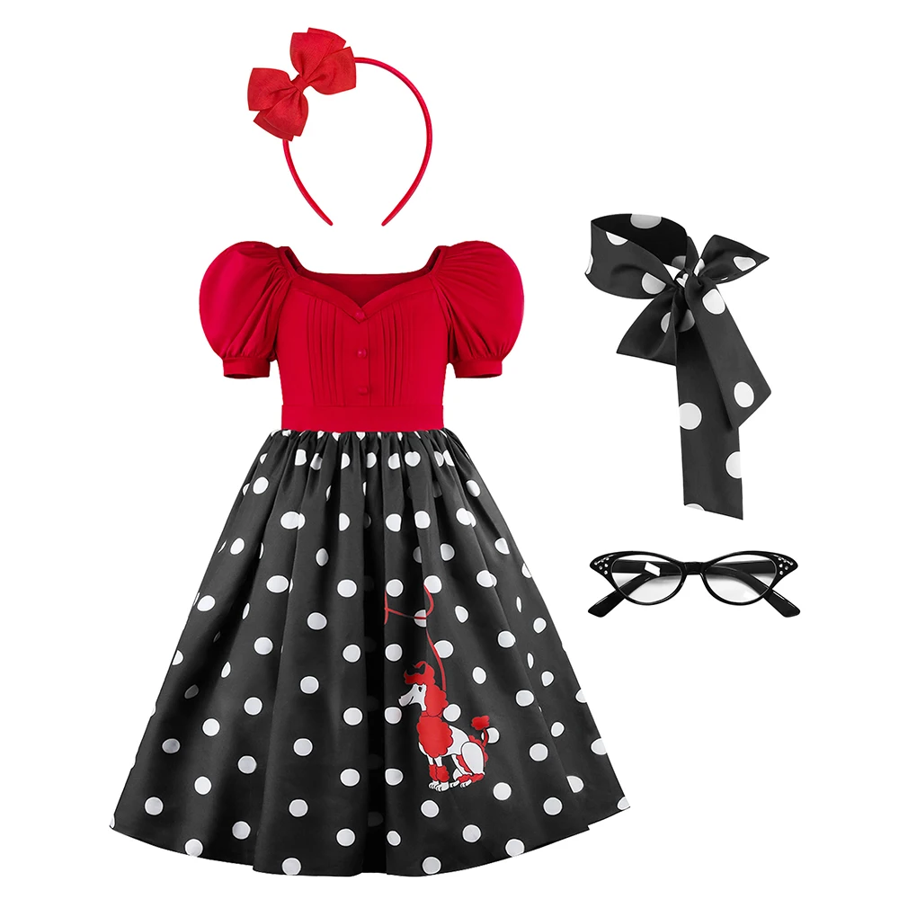 Summer Princess Dress Polka Dot Vintage Dress Eyewear headwear bow tie Sets Retro Kids Baby Girl Valentine's Day Newyears