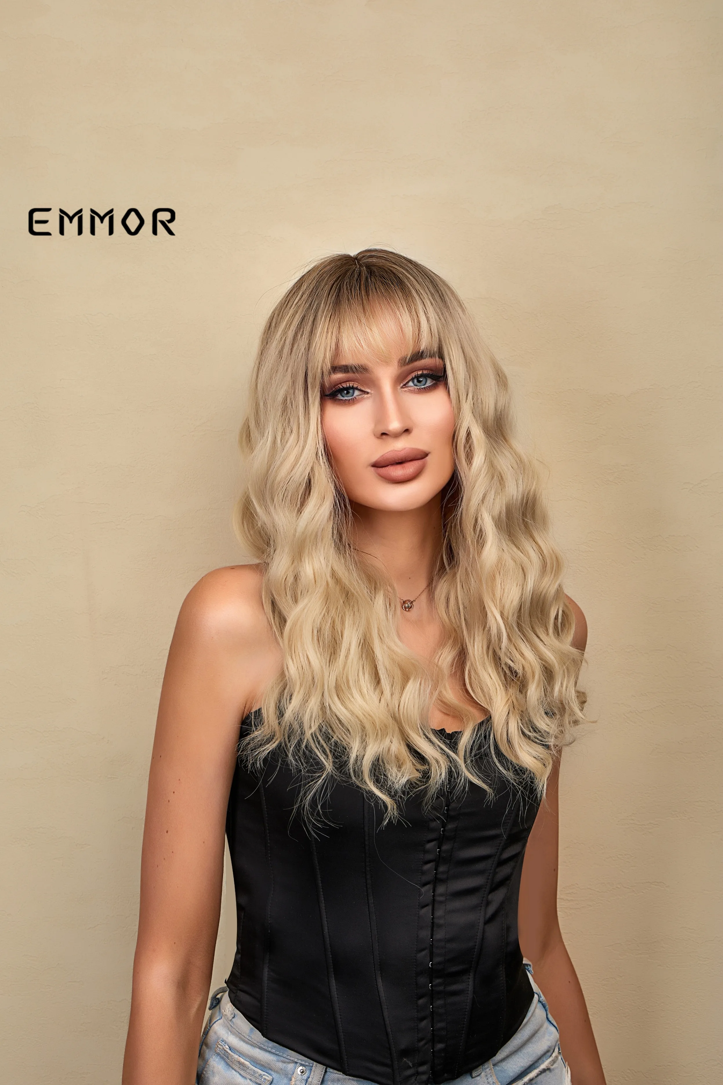 Emmor Synthetic Ombre brown to Light Blonde Hair Wig with Bangs Natural Wavy Wig for Women Cosplay Heat Resistant Fiber Wigs