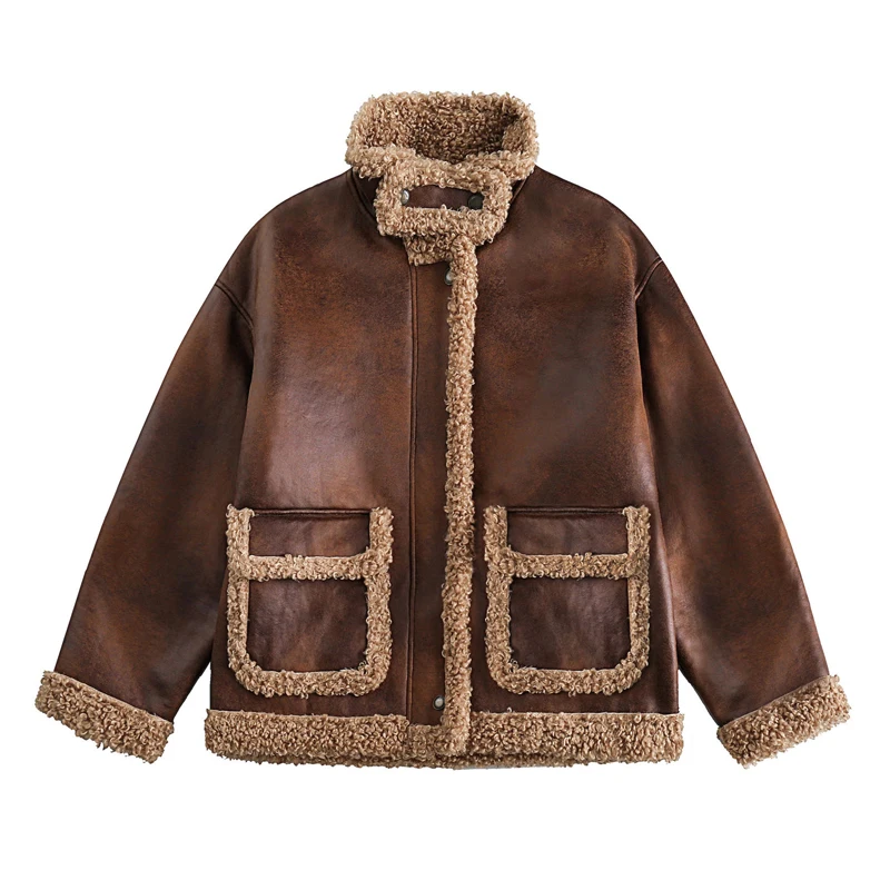 Lamb Wool Motorcycle Leather Jacket Men Thickened Plush Loose Fur One Piece Coat Couple Hip-hop Harajuku Warm Casual Top Winter