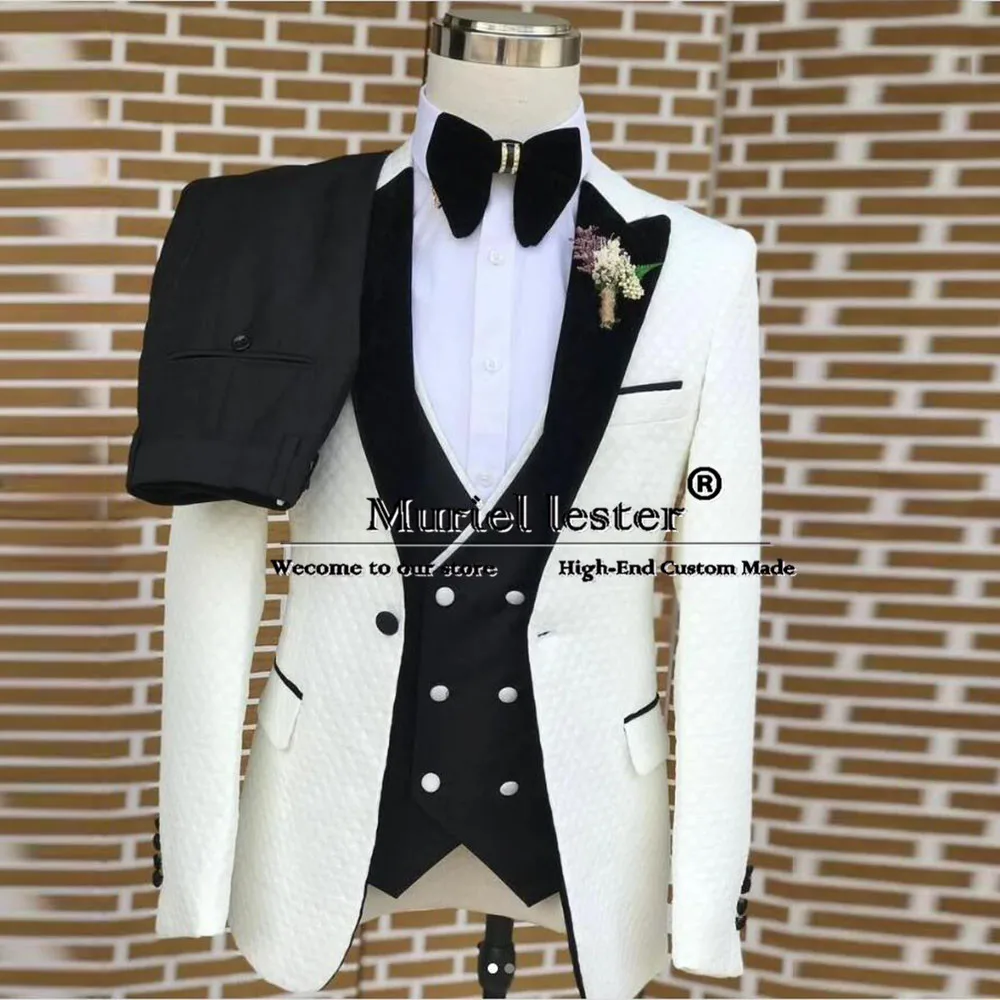 Classic Jacquard Suits Men Black Notch Lapel Prom Blazer Business Banquet Evening Groom Wedding Tuxeos Bespoke 3 Piece Clothing