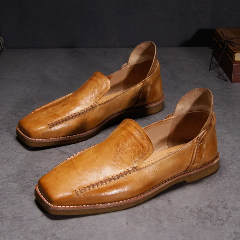 

Летние лоферы в британском стиле ретро, мужские повседневные кожаные туфли из воловьей кожи на мягкой подошве с дышащим квадратным носком, мужские формальные туфли из натуральной кожи