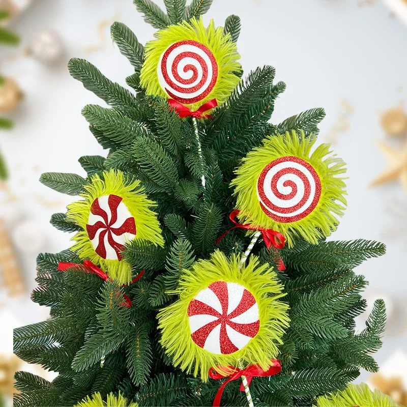 

2Pcs New Christmas tree decoration candy lollipop hanging decorations, plush green style candy crown decoration, Christmas green