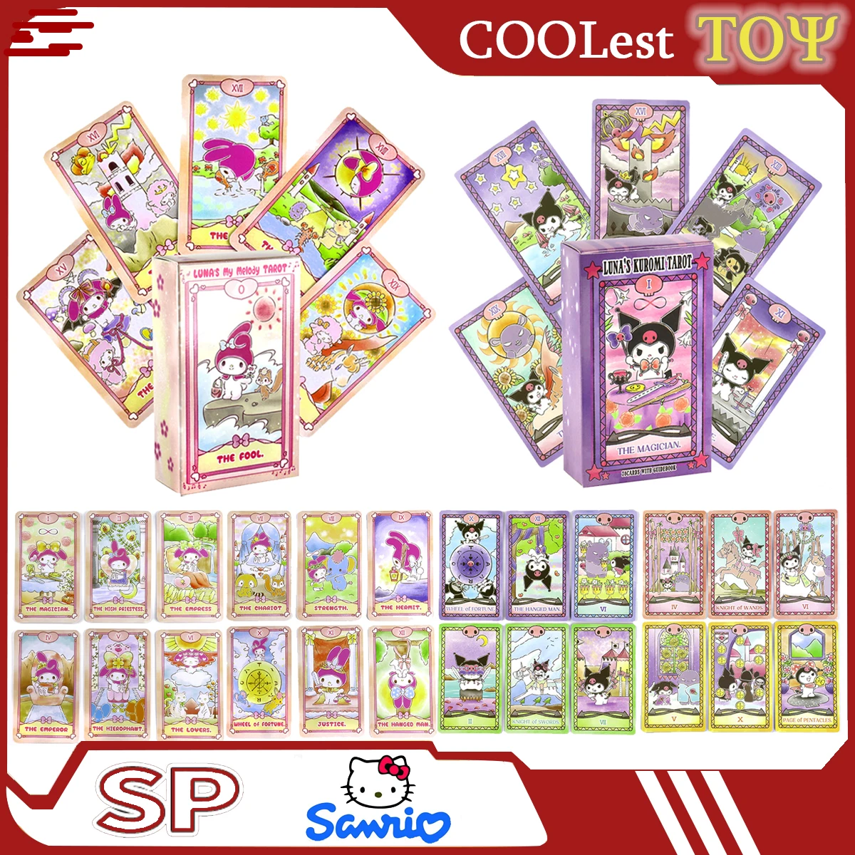 Tarot card game kuromi melodia, jogo de tabuleiro familiar, oráculo, olá gatinho, sanrio, 78 cartões, 2024