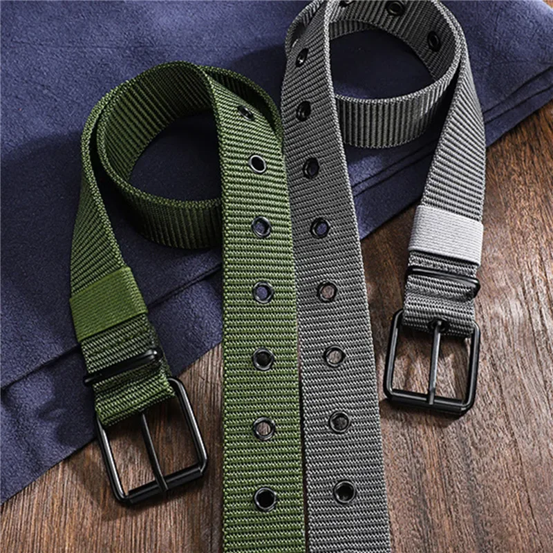 Nieuwe herenriem poreuze canvas pin-gesp lederen riem buitensportriem dames trendy oogje riem met jeansriem voor heren dames