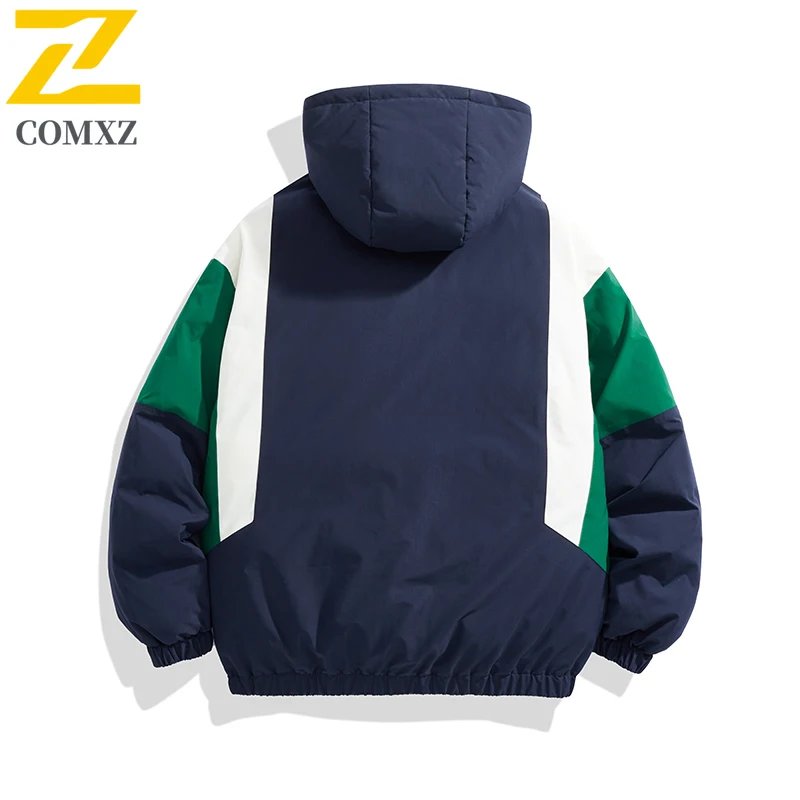 COMXZ Winter Padded Jacket 2025 New Luxury Hooded Outdoor Travel Cold Proof Coat Mens Fashion Splicing Daily Warm Outerwear