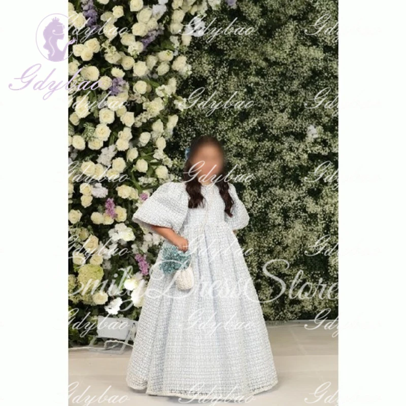 

Milk Lace High Neck Puffy Flower Girl Dress For Wedding Lattern Sleeves First Communion Kids Birthday Party Dress Ball Gown
