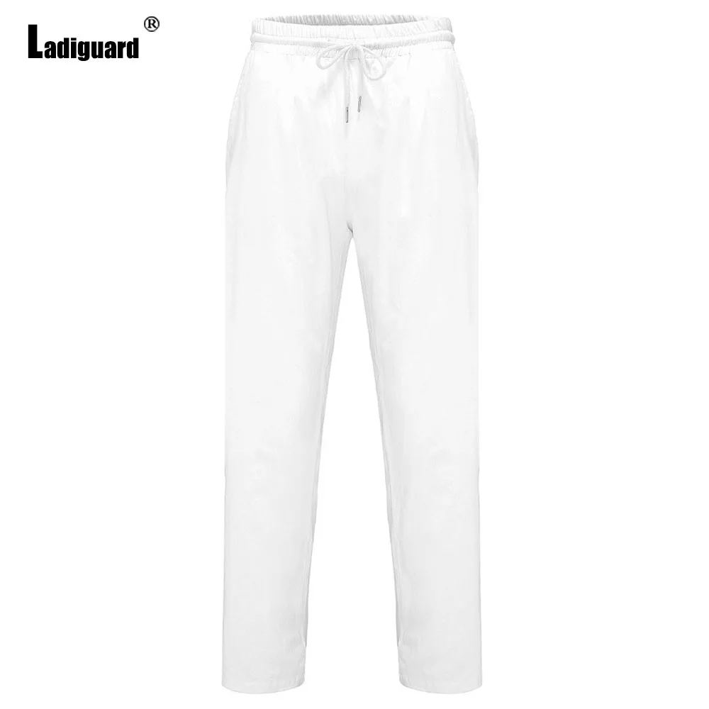 White Black Soft Pocket Beach Cotton Linen Pants Men\'s Ankle-Length Trouser Plus Size Mens Casual Straight Drawstring Sweatpants