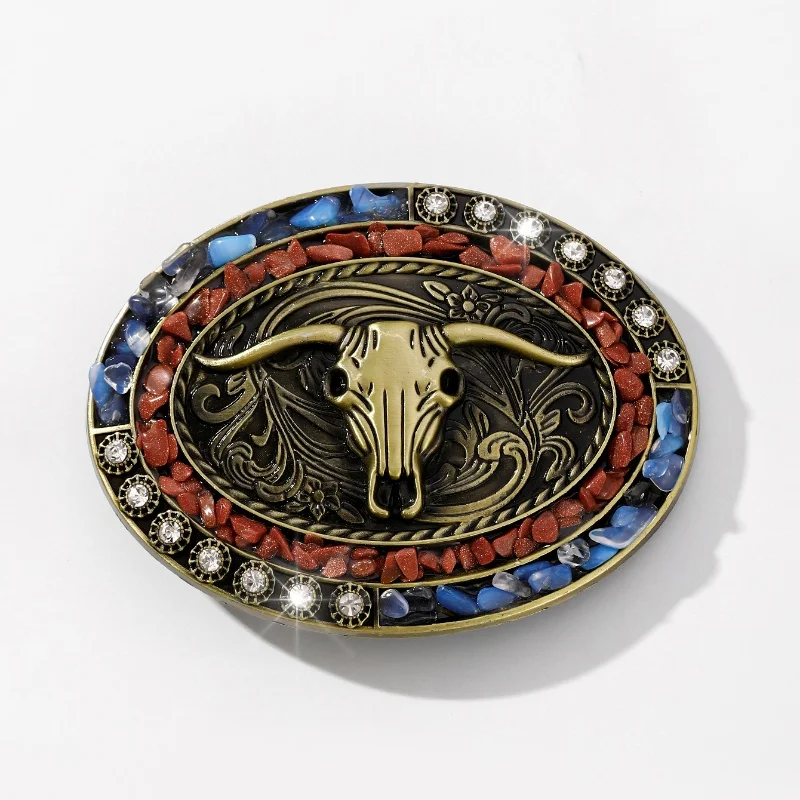 Fivela de Cinto Clássica em Liga de Zinco com Padrão de Cabeça de Vaca e Cavalo em Estilo Vintage, Fivela de Cinto Ocidental Clássica.