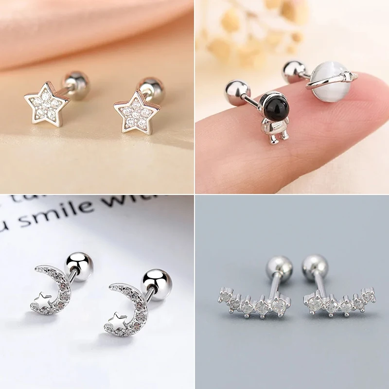 Korean Creative Zirconic Astronaut Piercing Screw Ball Stud Earrings For Women Girls Simple Moon Star Party Jewelry Accessories