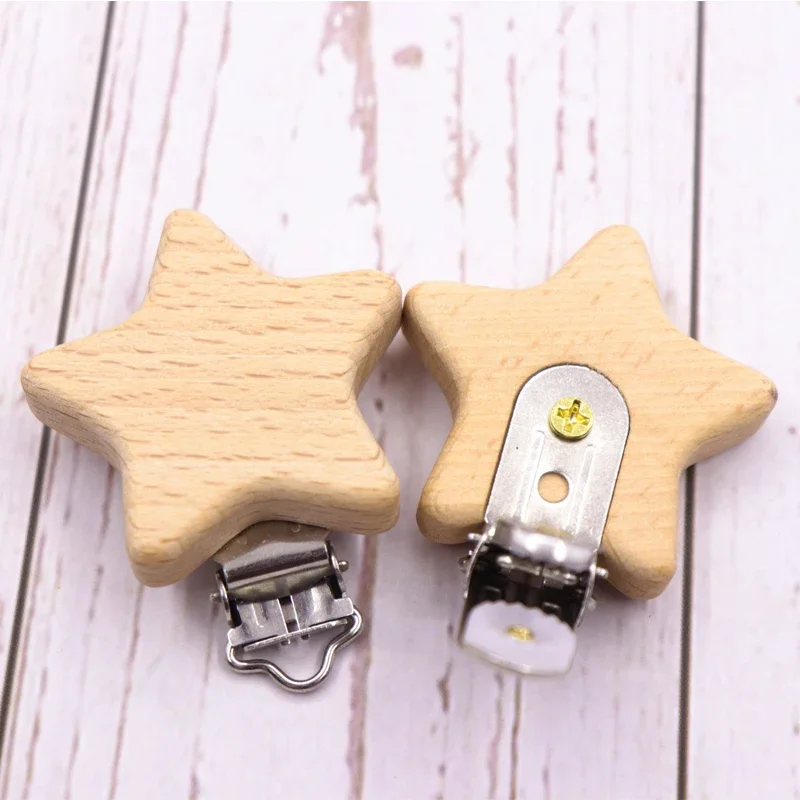 5pcs Natural Wooden Animal Pacifier Metal Clips Baby Accessories Food Grade Holder Heart Pacifier Wooden Baby Teether