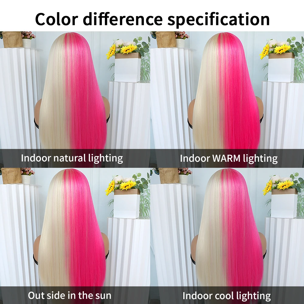 Half Pink and Half Blonde Synthetic Lace Front Wigs Long Straight Wigs for Women Heat Resistant Hair Light pink and ash Blonde