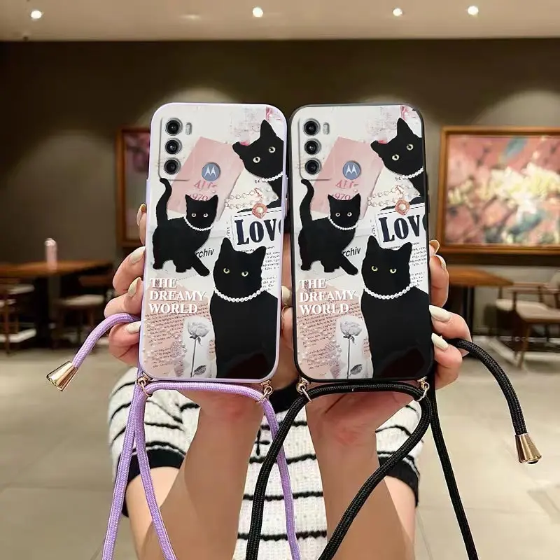 G60 Delicate Black Cat Lanyard Silicone Phone Case For Motorola Moto G60 G62 G60S G34 G14 G100 G50F G82 G42 G40F G72 G84 Cover