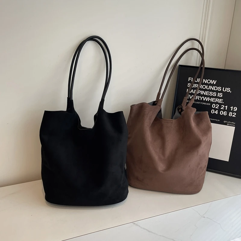 Women's Faux Suede Tote Bag Large Capacity Suede Shoulder Bag Autumn Vintage Women's Bag Trendy Work Hobo Hasp Closure Handbags