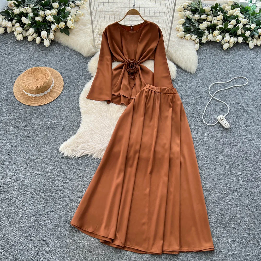 Женские комплекты из двух предметов Юбка Комплект с круглым вырезом и длинными рукавами Топы Длинные юбки A Line Высокая талия Y2k Уличная одежда Элегантная работа Осень