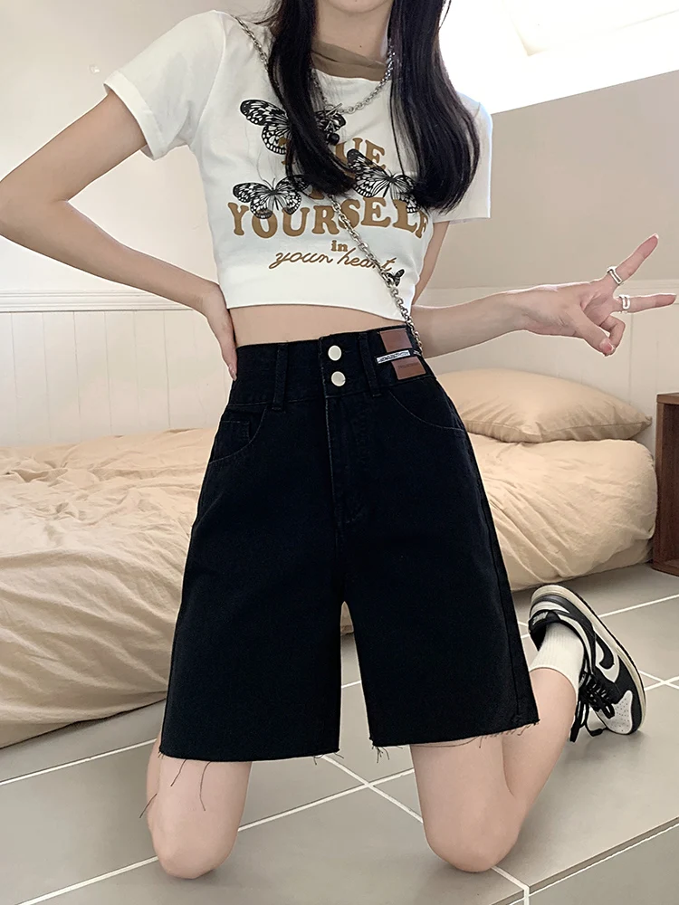 

High Waist A-Line Straight Leg Jeans Shorts Women's Summer Thin Cotton Blend Faded Black Frayed Hem Five-Quarter Length