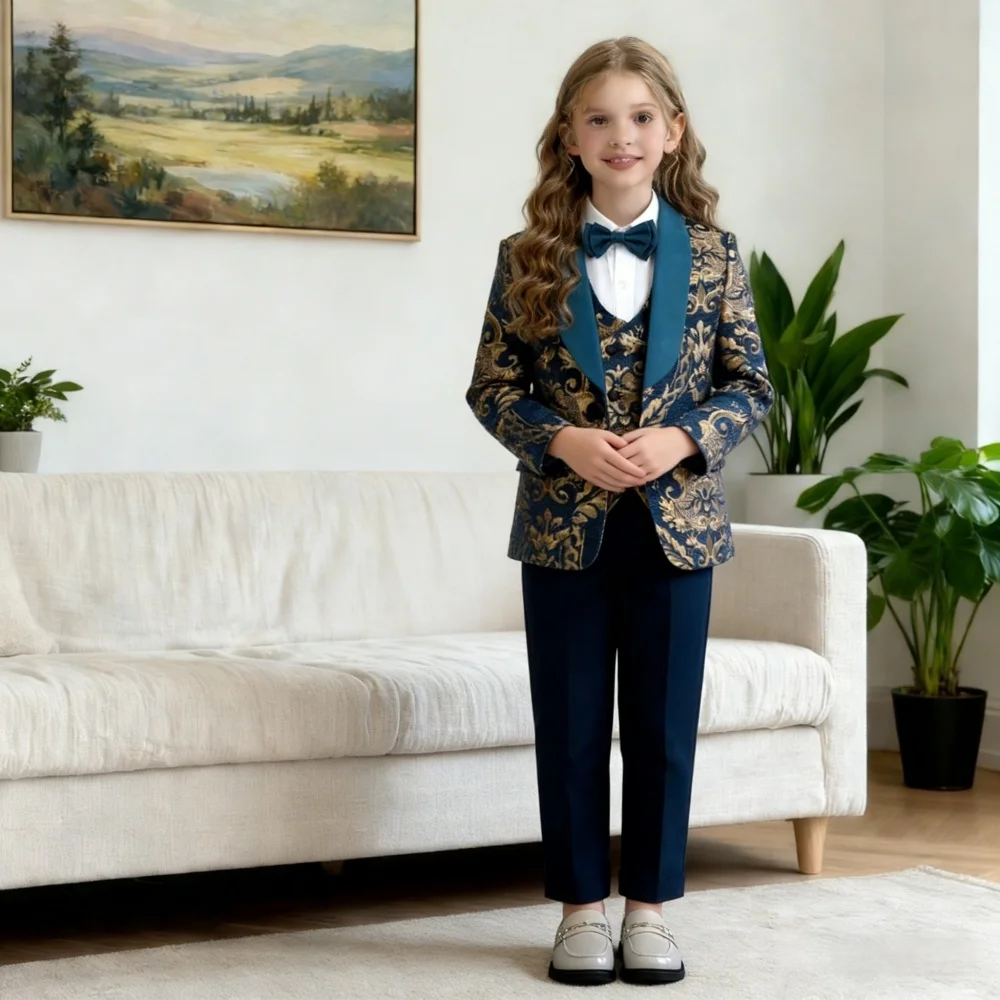 

Best Selling Girls Gold Jacquard Evening Dress Elegant Girls Suit Set Childrens Wedding Suit For Girls Navy Floral Blazer Kids P