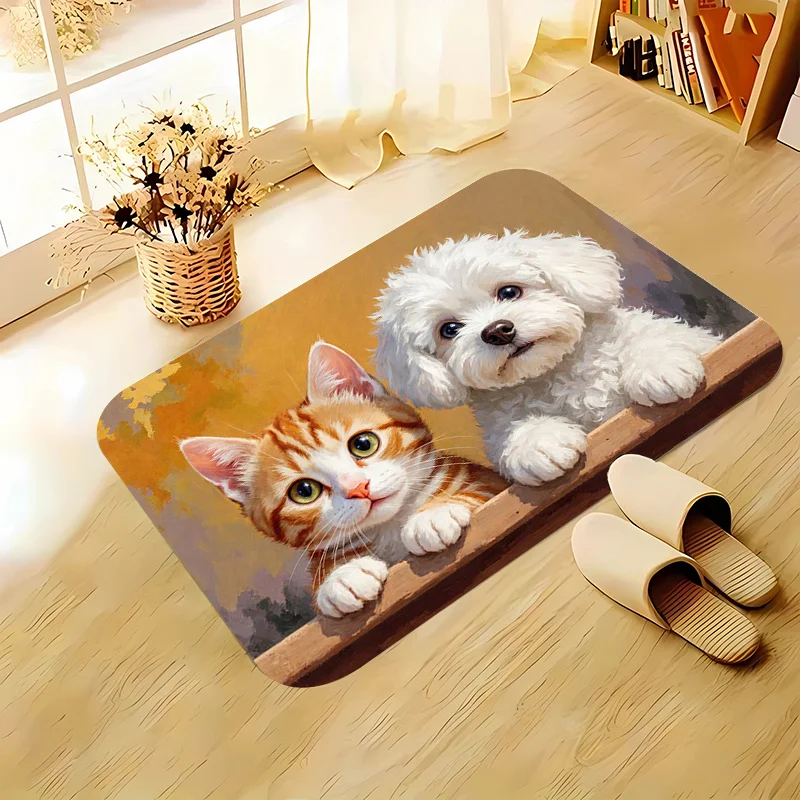 2D Flatorange Tabby Cat White Bichon Peeking Wood Frame Warm Light Flannel Area Rug Non Slip Cute Pet CarpetFor Living RoomFloor