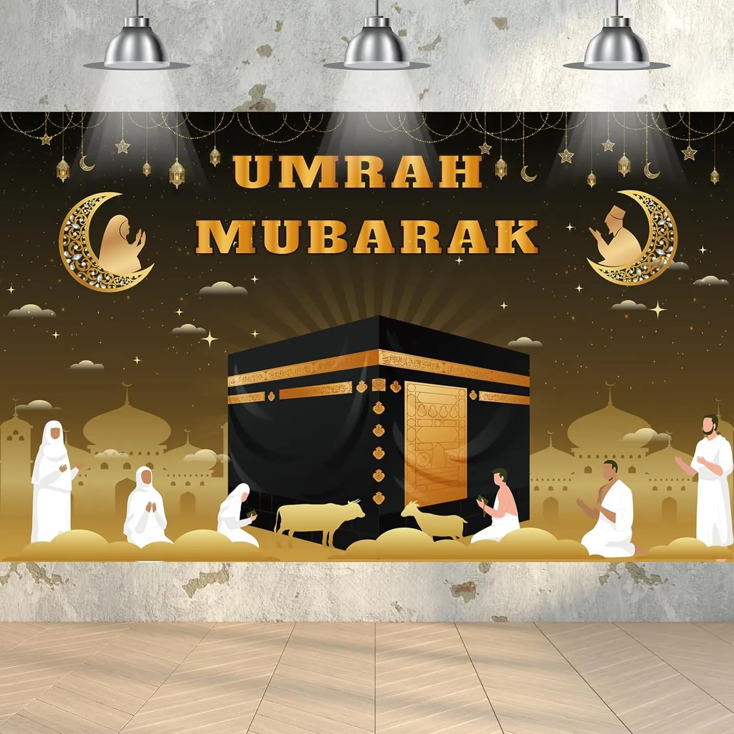 Duży baner Umrah Mubarak, tło Hajj Kaaba, dekoracje ramadanowe do domu, islamskie, muzułmańskie, na przyjęcie Eid Al-Fitr