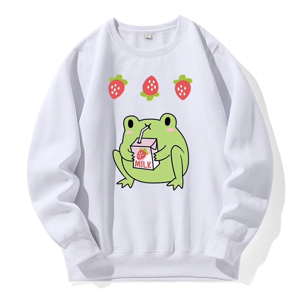 Green Frog Who Loves Drinking Strawberry-Flavored Milk Men Hooded Loose O-Neck Tracksuit Spandex Warm Hoody Classic Dailyhoodies