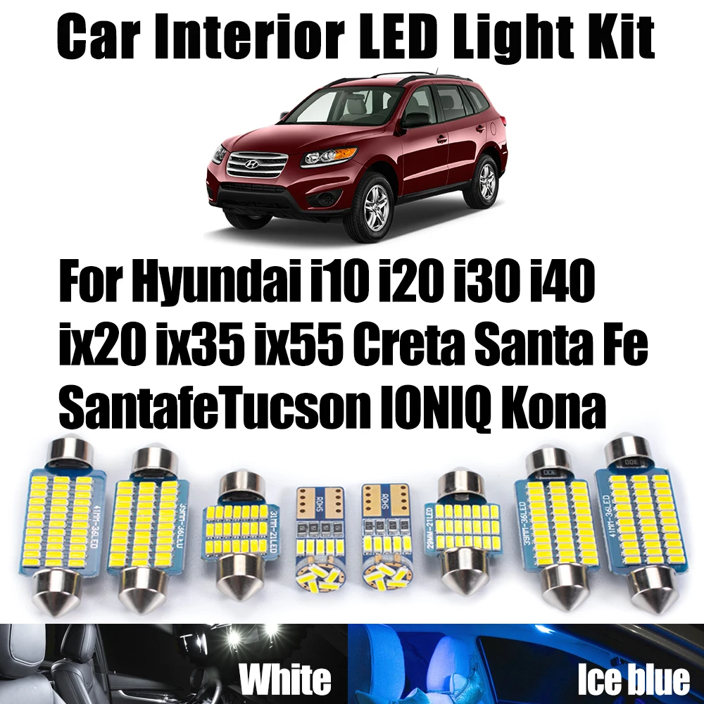 Mapa de luz de teto interior para hyundai i10 i20 i30 i40 ix20 ix35 ix55 creta santa fe santafe tucson ioniq kona kit de lâmpadas led para carro