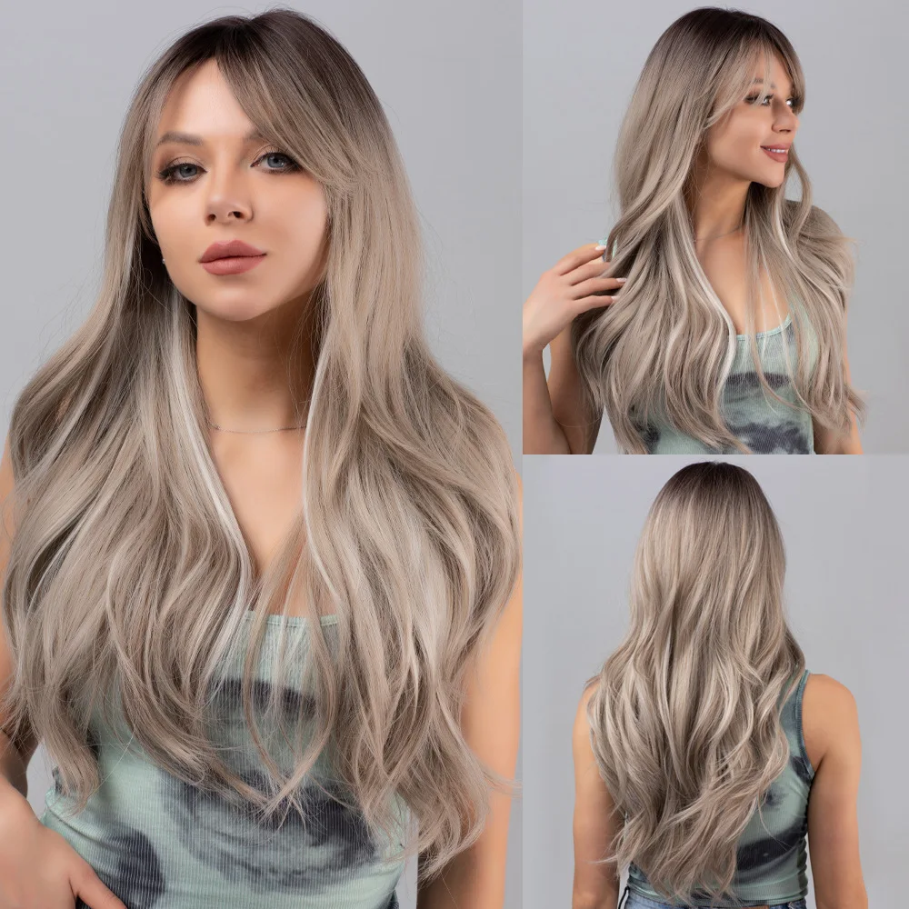 

European and American new big wave wig women, eight-character bangs black gradual change gray long curly hair chemical fiber, fu