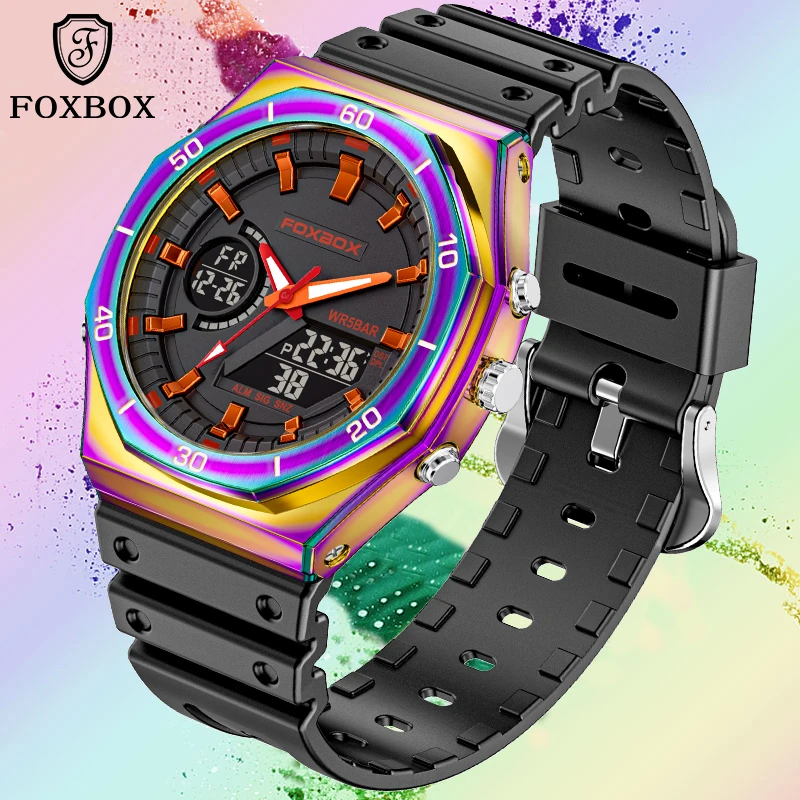 

FOXBOX Brand Luxury Men Watch Waterproof Double Display Sports Wristwatch Chronograph Luminous Alarm Clock Man Military Watches