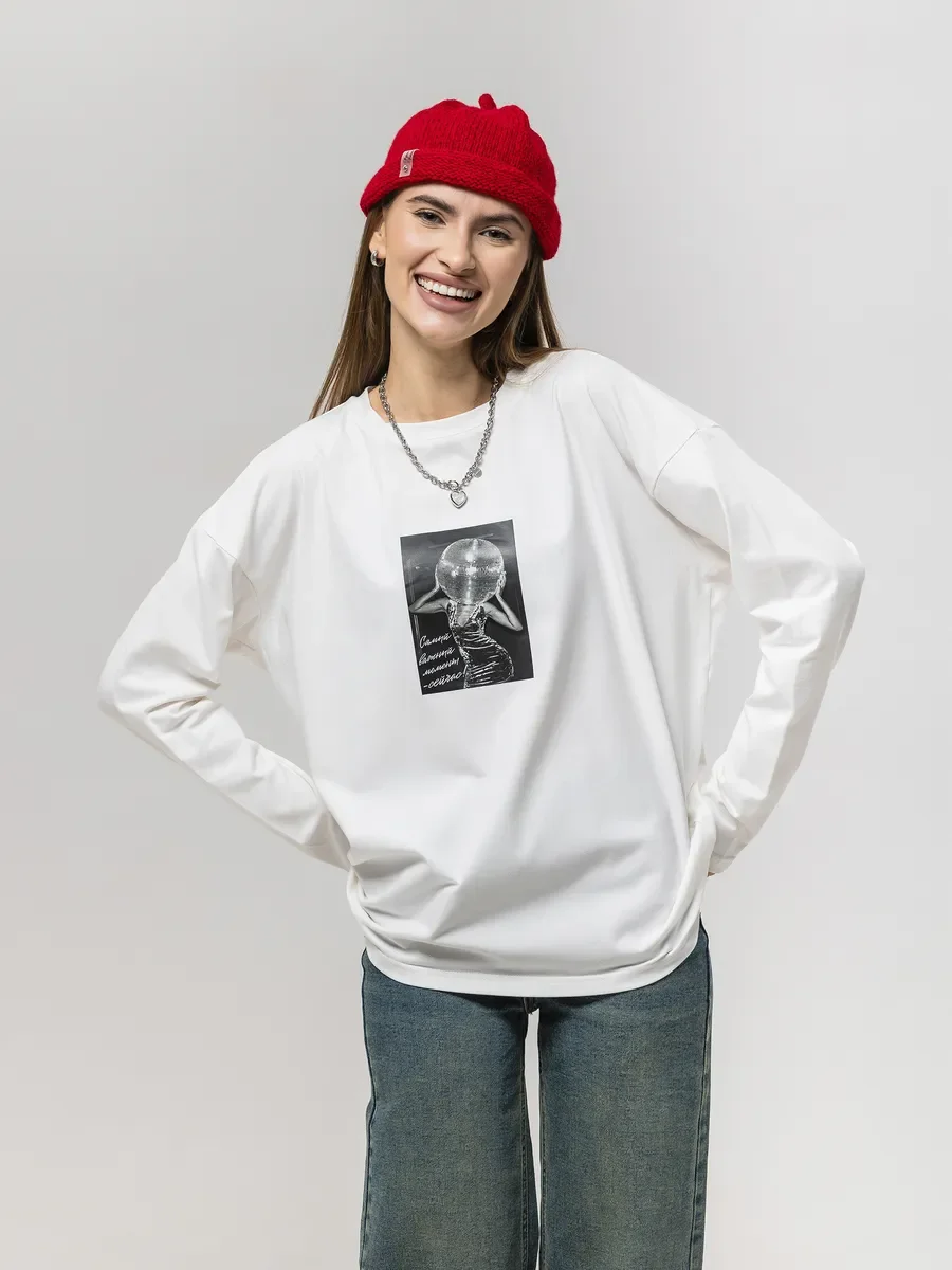 Autumn Womens Cotton Long Sleeve T Shirt Disco Ball Figure Black White Print Oversized Top Retro Casual Basic Daily Wear Tee