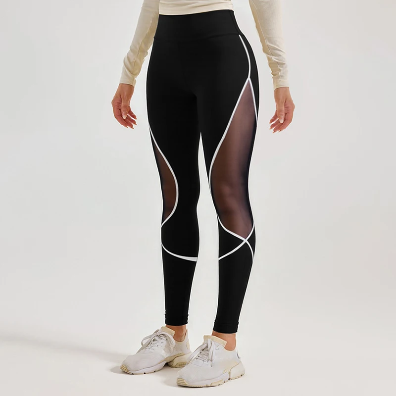 Sheer Mesh Patchwork Yoga Leggings Woman Spring Summer Thin Gym Running Fitness Leggings Chic Contrast Color Quick-Dry Leggings