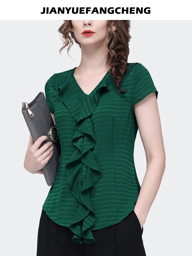 2023 Summer Ruffles Satin Chiffon Blouse Women Short Sleeve V-neck Green Plaid Shirt Elegant Slim Retro Casual Tops