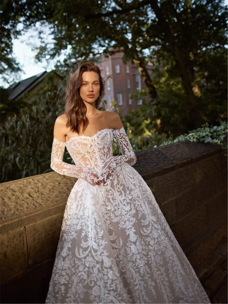 Wedding Dresses For Bride Luxury Lace Dress Long Sleeve Corset Ball Gown Off The Shoulder Trouwjurken Dames Boda Robes Mariage