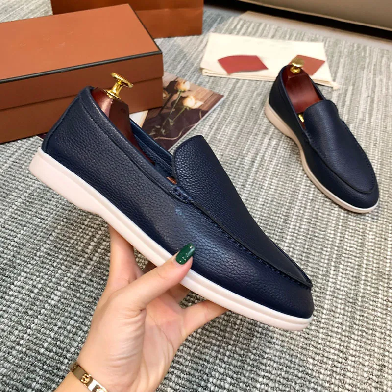 

New Comfortable Men's Slip-On Briti Sle Loers Flat Bot Couple oes Leather Patchwork round Toe Rubber Outsole