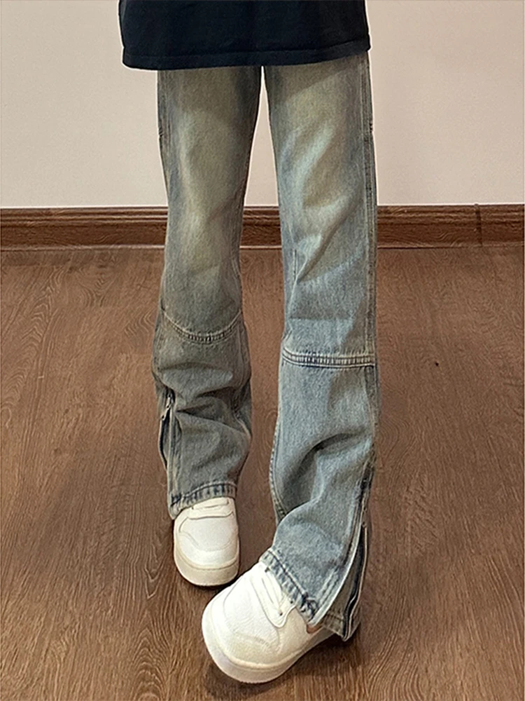 

Джинсы прямого кроя Slim Fit для мужчин в американском ретро-стиле, молодежные, с боковой молнией, расклешенные, молодежные, трендовые, джинсовые брюки