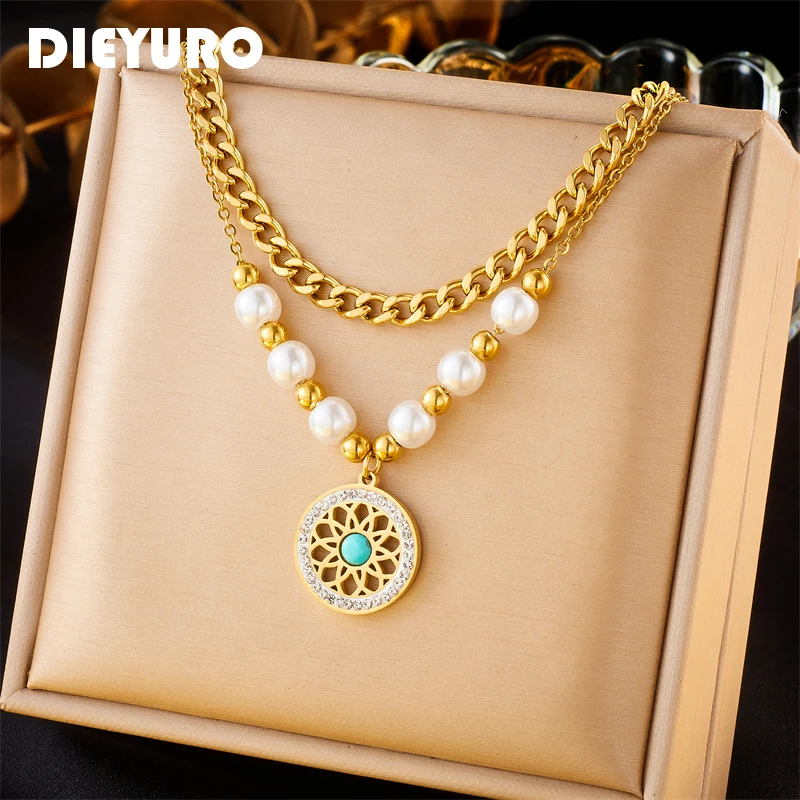 

DIEYURO 316L Stainless Steel Vintage Round Flower Pendant Necklace For Women New Trendy 2-Layer Pearl Chains Jewelry Gift Collar