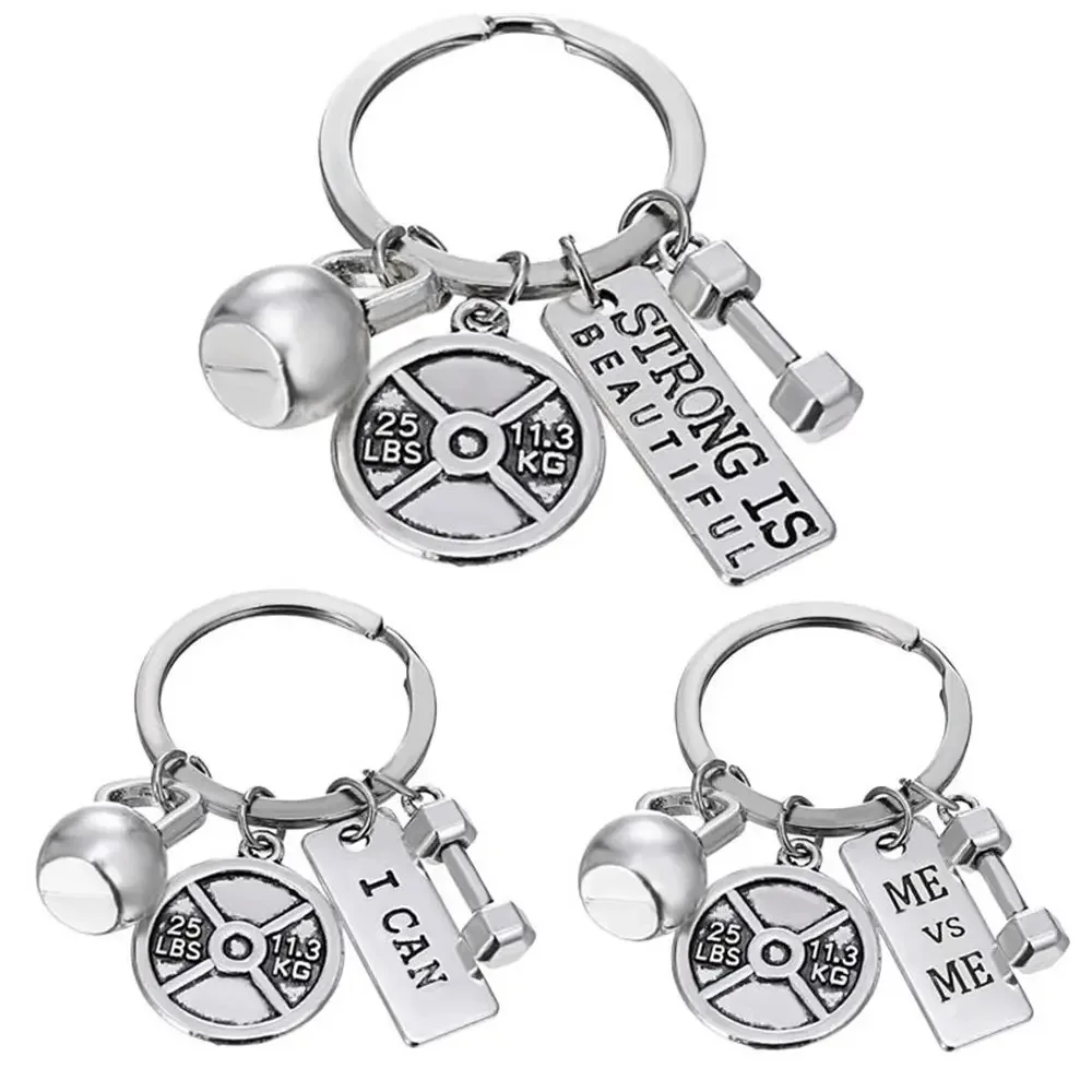 1 Piece Men Vintage Sports Strength Dumbbell Barbell Kettlebell Keychain Fitness Equipment Keychain For Boyfriend