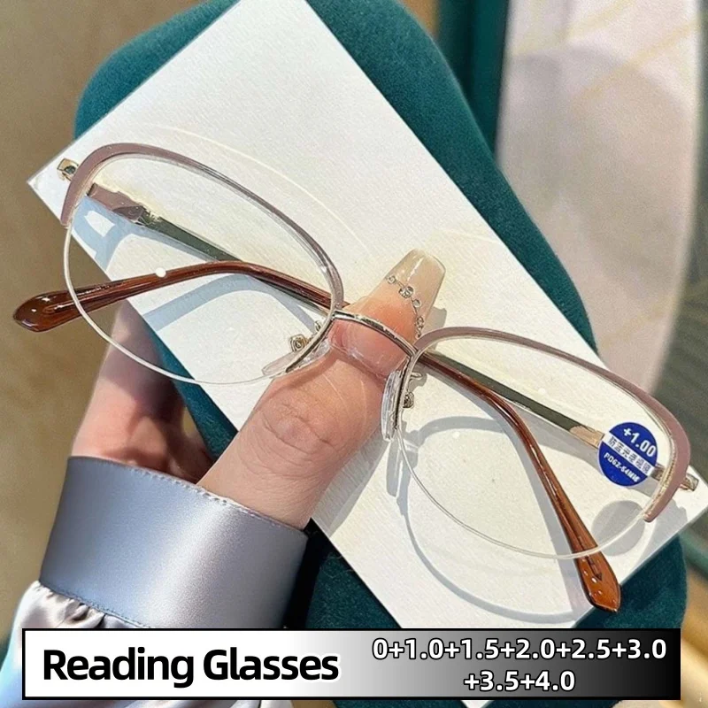 

Fashionable Leisure Metal Half Frame Reading Glasses Ultra Light Business Cat Eye Blue Light Blocking Eyeglasses 0 To +4.0