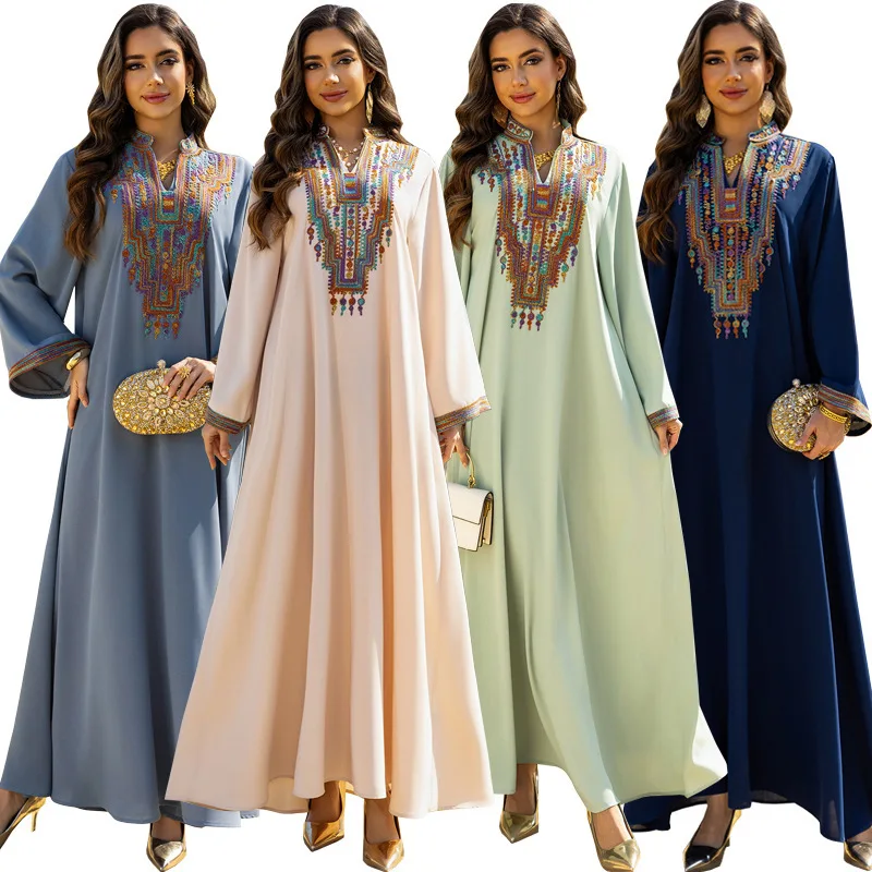 

[Vibe] 2025 Elegant Women's Arabian Robe Rope Embroidered Long Dress Dubai Muslim Dress Spring Summer